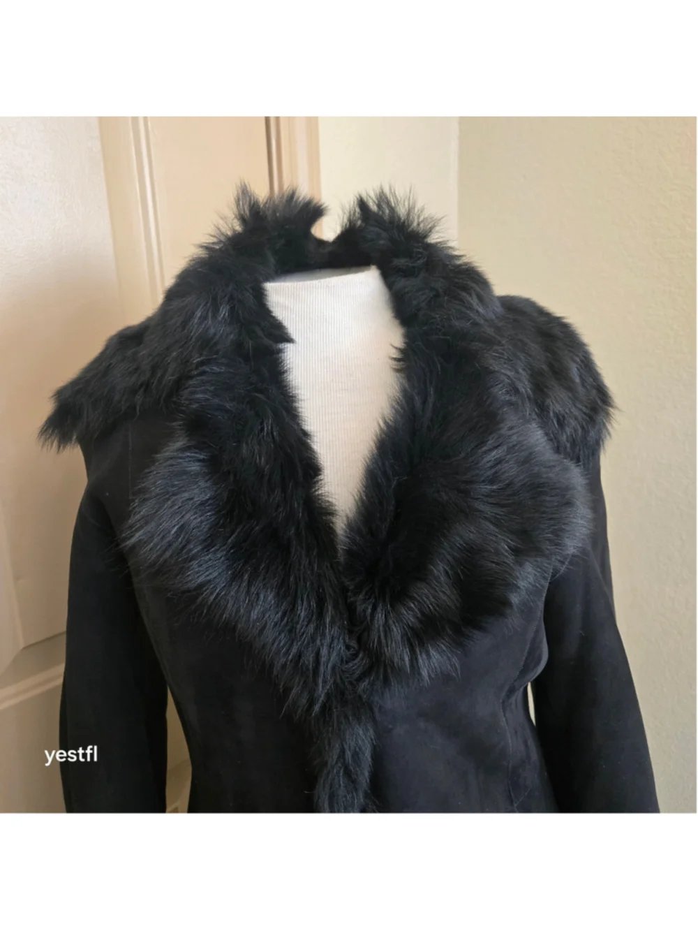 Cole Haan Black Genuine Shearling Long Coat Fur Trim Sz XS Penny Lane Luxury - Picture 14 of 16